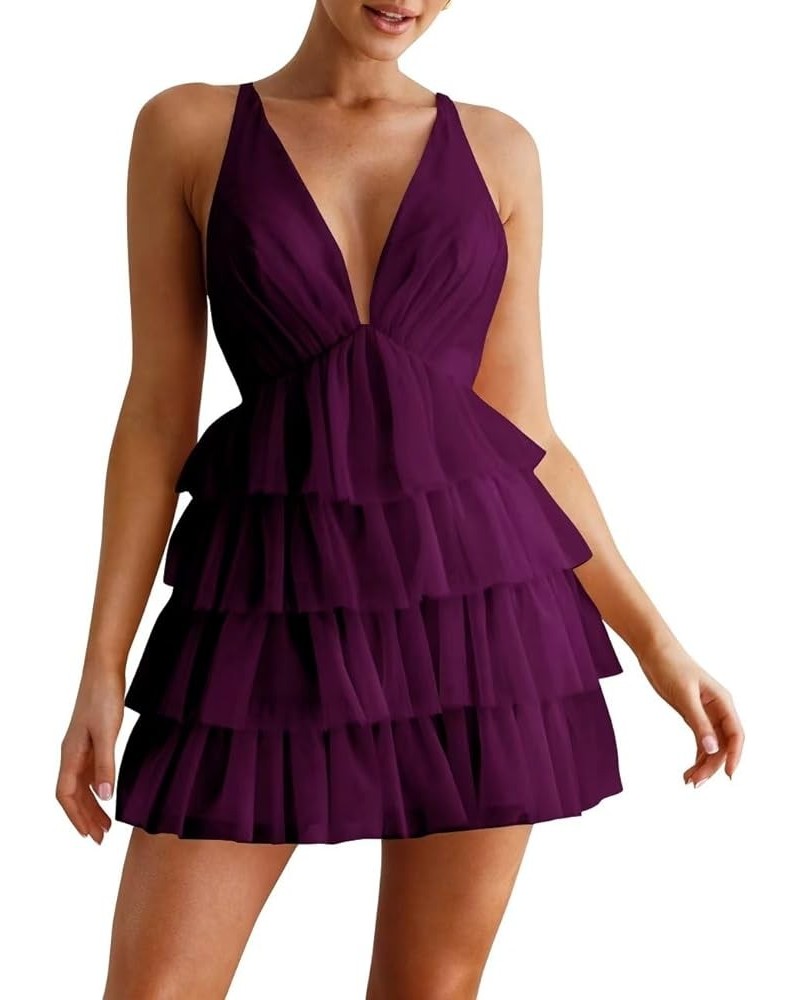 Women's Sleeveless Crisscross Backless Deep V Neck Adjustable Spaghetti Strap Tiered Frill Tulle Mini Dress Grape $35.55 Dresses