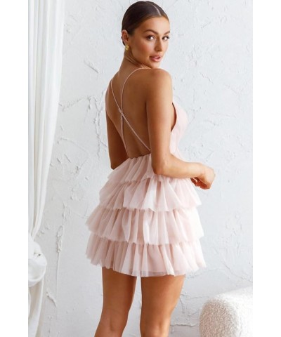 Women's Sleeveless Crisscross Backless Deep V Neck Adjustable Spaghetti Strap Tiered Frill Tulle Mini Dress Grape $35.55 Dresses