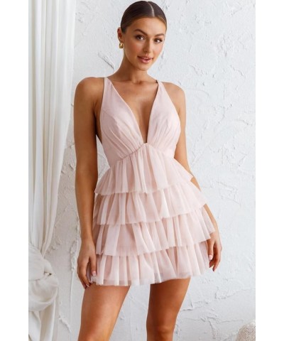 Women's Sleeveless Crisscross Backless Deep V Neck Adjustable Spaghetti Strap Tiered Frill Tulle Mini Dress Grape $35.55 Dresses