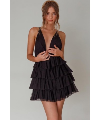 Women's Sleeveless Crisscross Backless Deep V Neck Adjustable Spaghetti Strap Tiered Frill Tulle Mini Dress Grape $35.55 Dresses