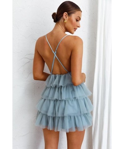 Women's Sleeveless Crisscross Backless Deep V Neck Adjustable Spaghetti Strap Tiered Frill Tulle Mini Dress Grape $35.55 Dresses