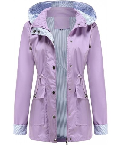 Women's Fleece Lined Anorak Rain Jacket Striped Climbing Long Hooded Oversized Pockets Autumn Winter Purple $28.66 Coats