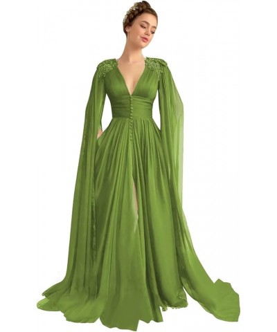 Women's V Neck Prom Dresses with Cape Long Slit Ball Gown A-Line Chiffon Formal Evening Gowns with Pockets Olive Green $52.24...