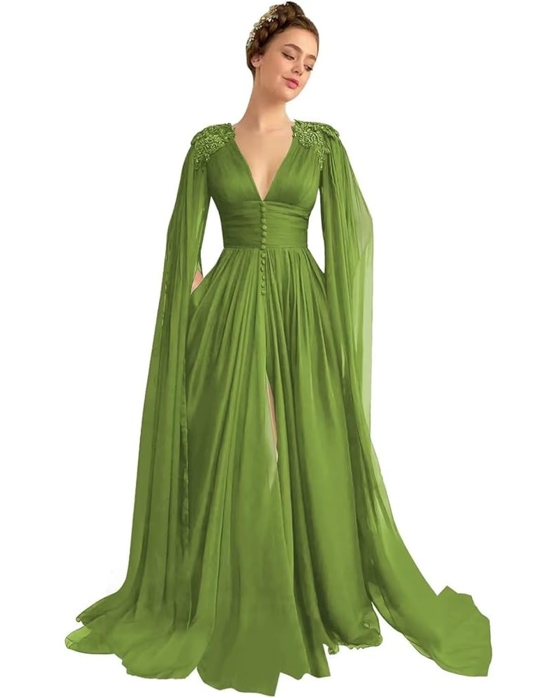 Women's V Neck Prom Dresses with Cape Long Slit Ball Gown A-Line Chiffon Formal Evening Gowns with Pockets Olive Green $52.24...