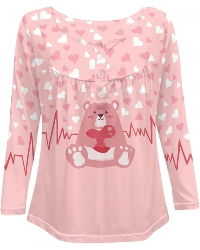 Blouses Button Shirt Long-Sleeve Down Women's Adult Casual Sweatshirts Tunic V-Neck T-Shirt Pullover Loose Heart Pink Bear $1...