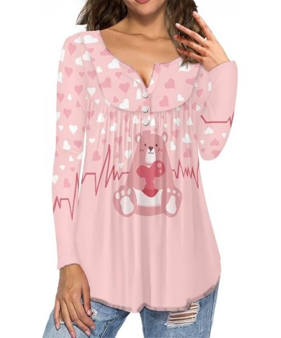 Blouses Button Shirt Long-Sleeve Down Women's Adult Casual Sweatshirts Tunic V-Neck T-Shirt Pullover Loose Heart Pink Bear $1...