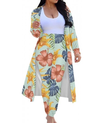 Womens Hawaiian Tropical Printed 2 Piece Outfit Open Front Coat and Pencil Pant Suits Set Hibiscus Green $18.33 Suits