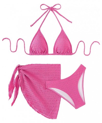 Women's 3 Piece Swimsuits Triangle Halter Bikini Sets Bathing Suit with Beach Cover Up Skirt Hot Pink $20.15 Swimsuits