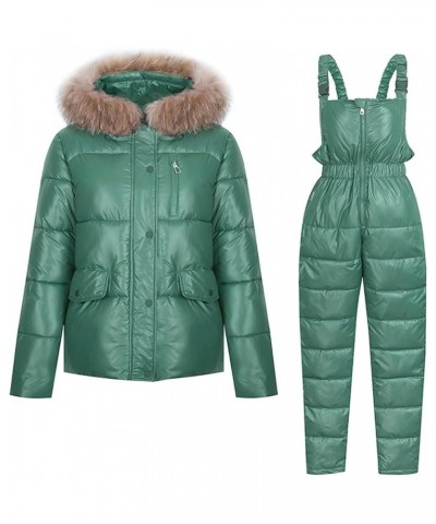 Women Winter Snowsuit 2 Piece Faux Fur Hooded Jacket and Ski Bib Overalls Thick Warm Ski Snow Suits Jumpsuit Outfits Mint Gre...