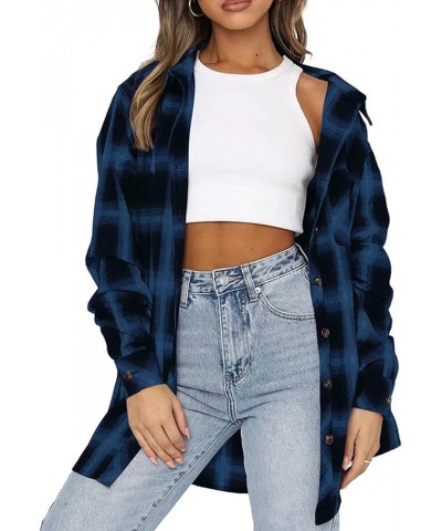 Flannel Shirts for Women Oversized Button Down Long Sleeve Plaid Shirts Blouse 04 Blue $10.43 Blouses