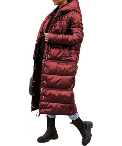 Women Three Length Adjustable Zip Long Quilted Down Coat Hooded Maxi Length Puffer Jacket Padded Winter Outerwear Wine Red $2...