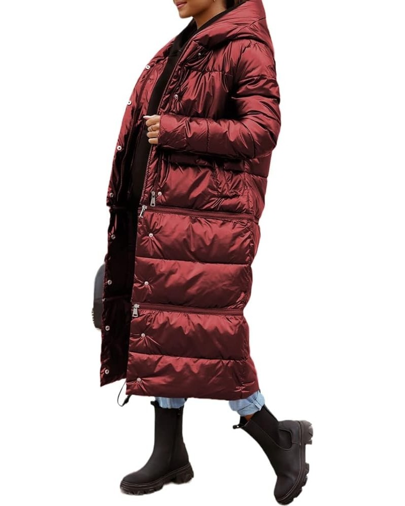 Women Three Length Adjustable Zip Long Quilted Down Coat Hooded Maxi Length Puffer Jacket Padded Winter Outerwear Wine Red $2...