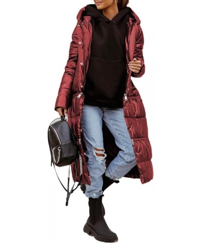 Women Three Length Adjustable Zip Long Quilted Down Coat Hooded Maxi Length Puffer Jacket Padded Winter Outerwear Wine Red $2...