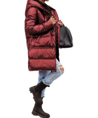 Women Three Length Adjustable Zip Long Quilted Down Coat Hooded Maxi Length Puffer Jacket Padded Winter Outerwear Wine Red $2...