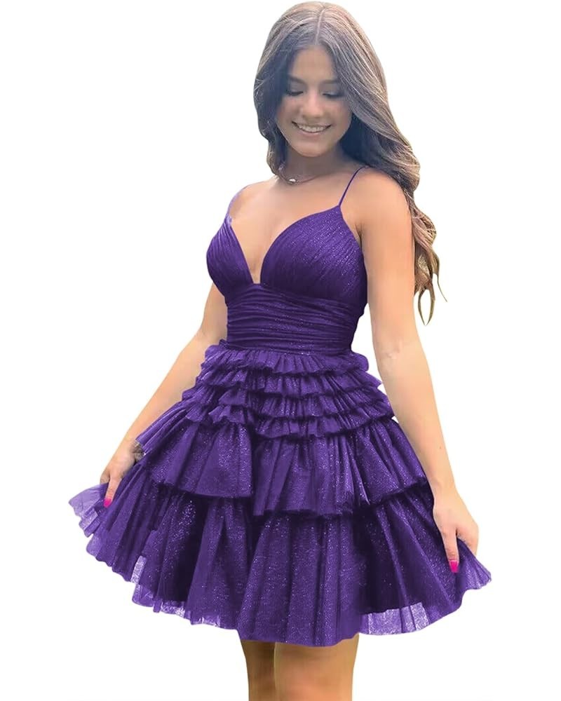 Junior's Tiered Tulle Short Homecoming Dresses for Teens V-Neck Glitter A-Line Prom Cocktail Party Gowns Grape $30.53 Dresses