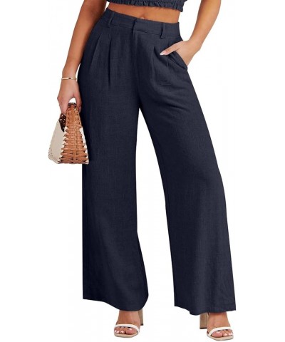 Women's Wide Leg Linen Palazzo Pants High Waisted Business Casual Trousers Loose Pleated Dressy Pants with Pocket Navy Blue $...