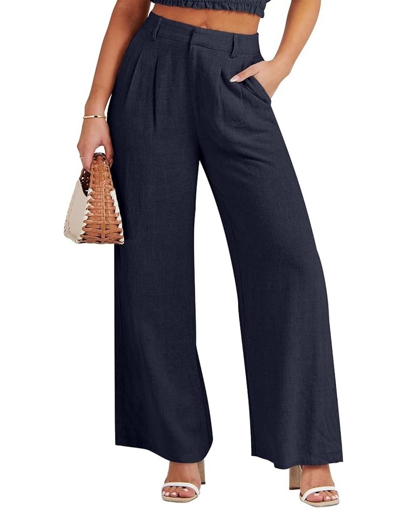 Women's Wide Leg Linen Palazzo Pants High Waisted Business Casual Trousers Loose Pleated Dressy Pants with Pocket Navy Blue $...