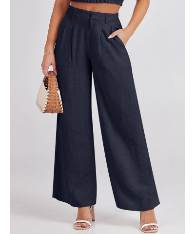 Women's Wide Leg Linen Palazzo Pants High Waisted Business Casual Trousers Loose Pleated Dressy Pants with Pocket Navy Blue $...