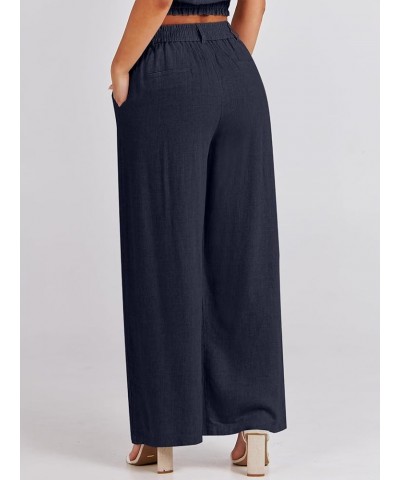 Women's Wide Leg Linen Palazzo Pants High Waisted Business Casual Trousers Loose Pleated Dressy Pants with Pocket Navy Blue $...