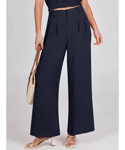 Women's Wide Leg Linen Palazzo Pants High Waisted Business Casual Trousers Loose Pleated Dressy Pants with Pocket Navy Blue $...