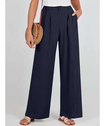 Women's Wide Leg Linen Palazzo Pants High Waisted Business Casual Trousers Loose Pleated Dressy Pants with Pocket Navy Blue $...