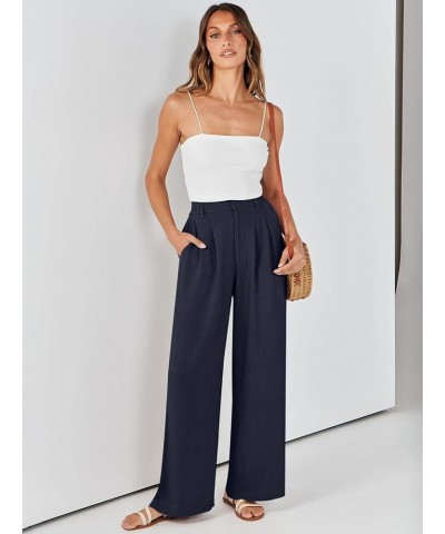 Women's Wide Leg Linen Palazzo Pants High Waisted Business Casual Trousers Loose Pleated Dressy Pants with Pocket Navy Blue $...