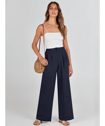 Women's Wide Leg Linen Palazzo Pants High Waisted Business Casual Trousers Loose Pleated Dressy Pants with Pocket Navy Blue $...