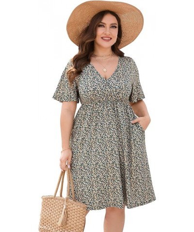 Plus Size Summer Dress Women's V Neck Short Sleeve A Line Flowy Midi Dresses Plus Size Floral Party Dress S-black Flower $18....