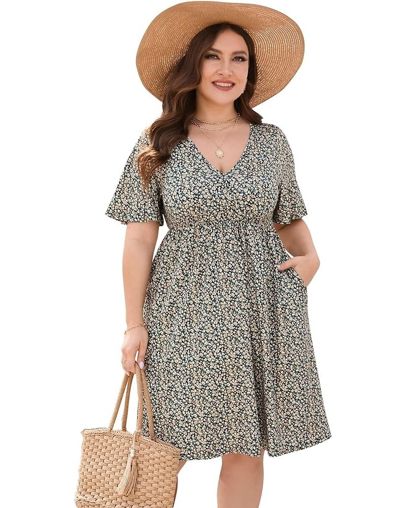 Plus Size Summer Dress Women's V Neck Short Sleeve A Line Flowy Midi Dresses Plus Size Floral Party Dress S-black Flower $18....