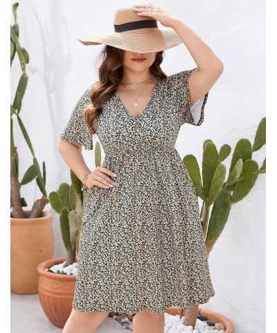 Plus Size Summer Dress Women's V Neck Short Sleeve A Line Flowy Midi Dresses Plus Size Floral Party Dress S-black Flower $18....