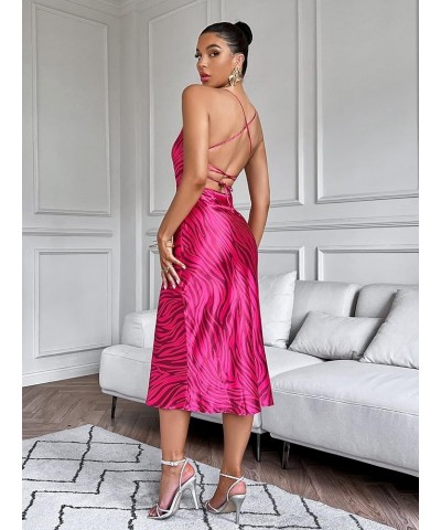 Women's Strappy Striped Draped Front Lace Up Backless Party Cami Dress Hot Pink $19.27 Dresses