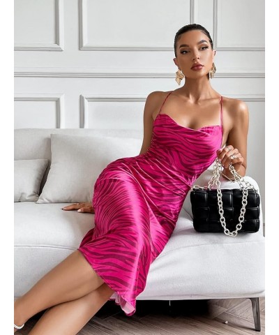 Women's Strappy Striped Draped Front Lace Up Backless Party Cami Dress Hot Pink $19.27 Dresses