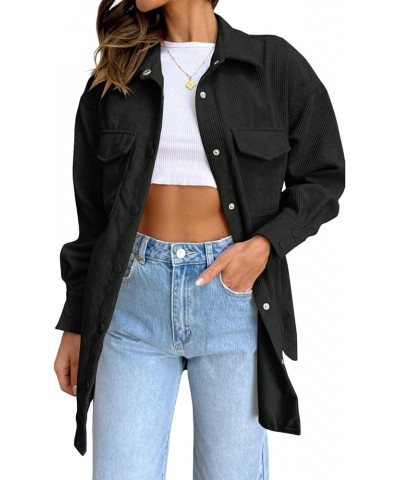 Womens Corduroy Shirts Jacket Casual Snap Button Oversized Long Sleeve Plain Shackets Coats Black $16.38 Jackets