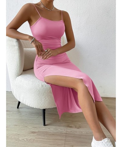 Women's Split Thigh Twist Backless Spaghetti Strap Sleeveless Bodycon Midi Dresses Light Pink $18.54 Dresses