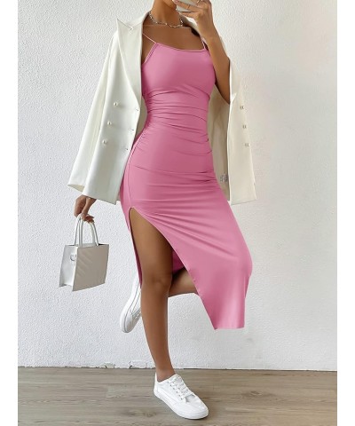 Women's Split Thigh Twist Backless Spaghetti Strap Sleeveless Bodycon Midi Dresses Light Pink $18.54 Dresses