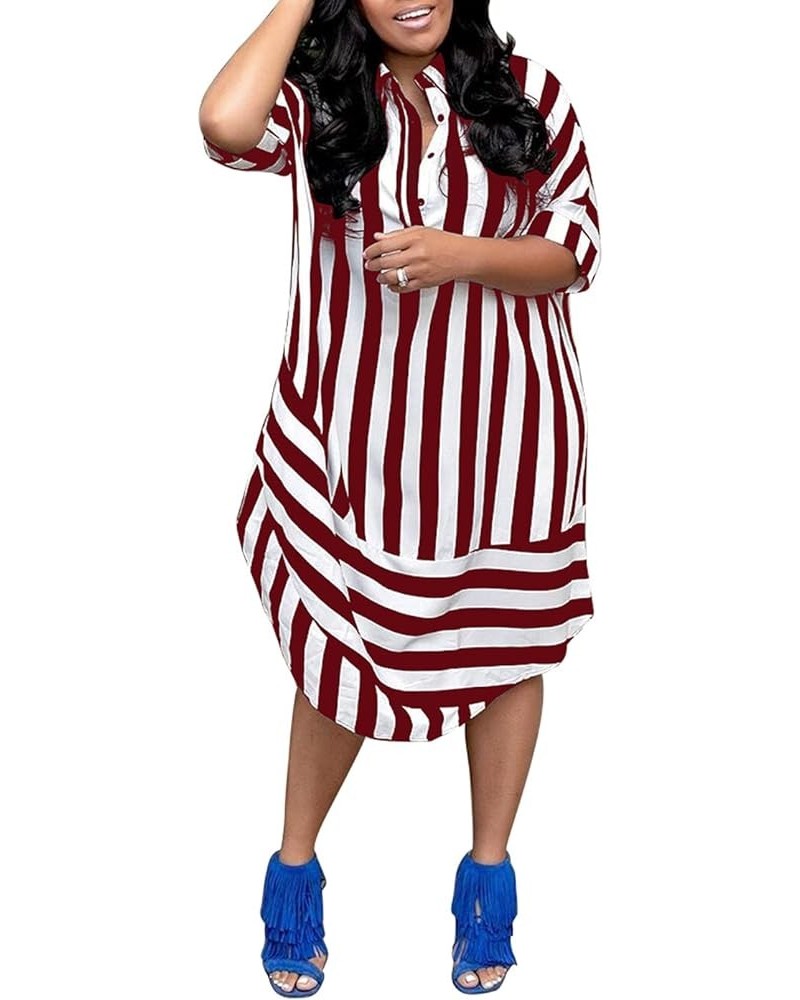 Women Casual Stripe Dresses Short Sleeve Polo Collar Button Down Midi Loose Dress Red $10.99 Dresses