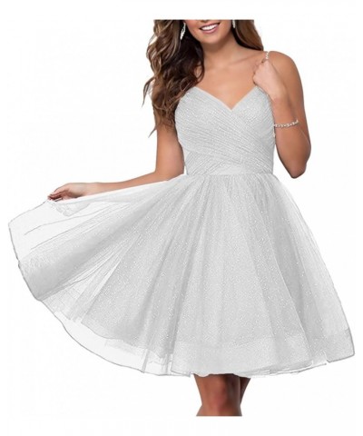 Junior's Short Homecoming Dresses V Neck Glitter Tulle Ball Gown Short Prom Graduation Dress RYZ13-1 White $30.80 Dresses