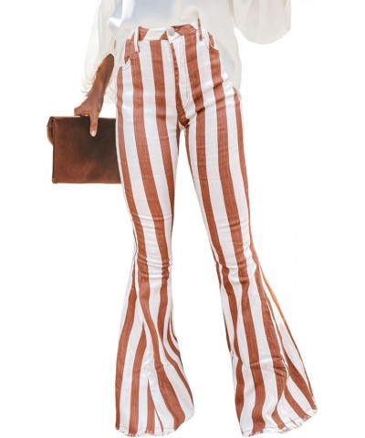 Womens Striped Bell Bottom Jeans Raw Hem Flared Denim Pants Brown $18.40 Jeans