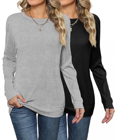 2 Pack Women's Casual Sweatshirts, Long Sleeve Cotton Shirts Loose Fit Lightweight Crew Neck Basic Tops Cute Pullover Black, ...