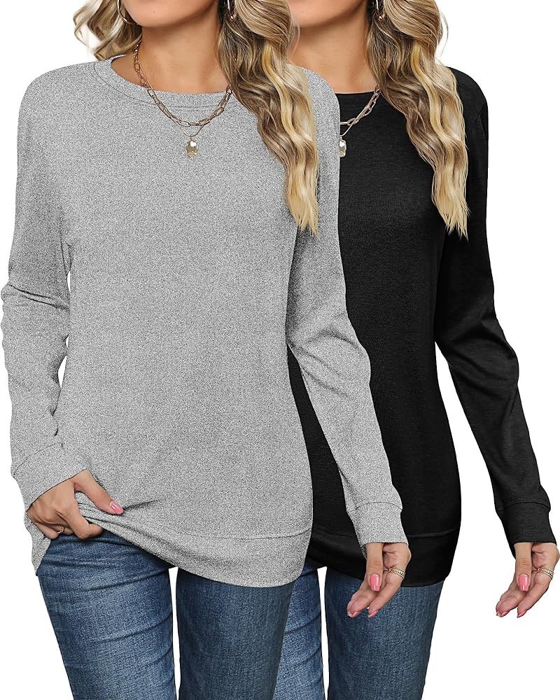 2 Pack Women's Casual Sweatshirts, Long Sleeve Cotton Shirts Loose Fit Lightweight Crew Neck Basic Tops Cute Pullover Black, ...