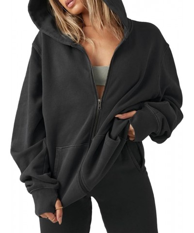 Women’s Oversized Zip Up Hoodies Sweatshirts Y2k Long Sleeve Full Zipper Jackets Casual Preppy Coats Thumb Hole Black $22.12 ...