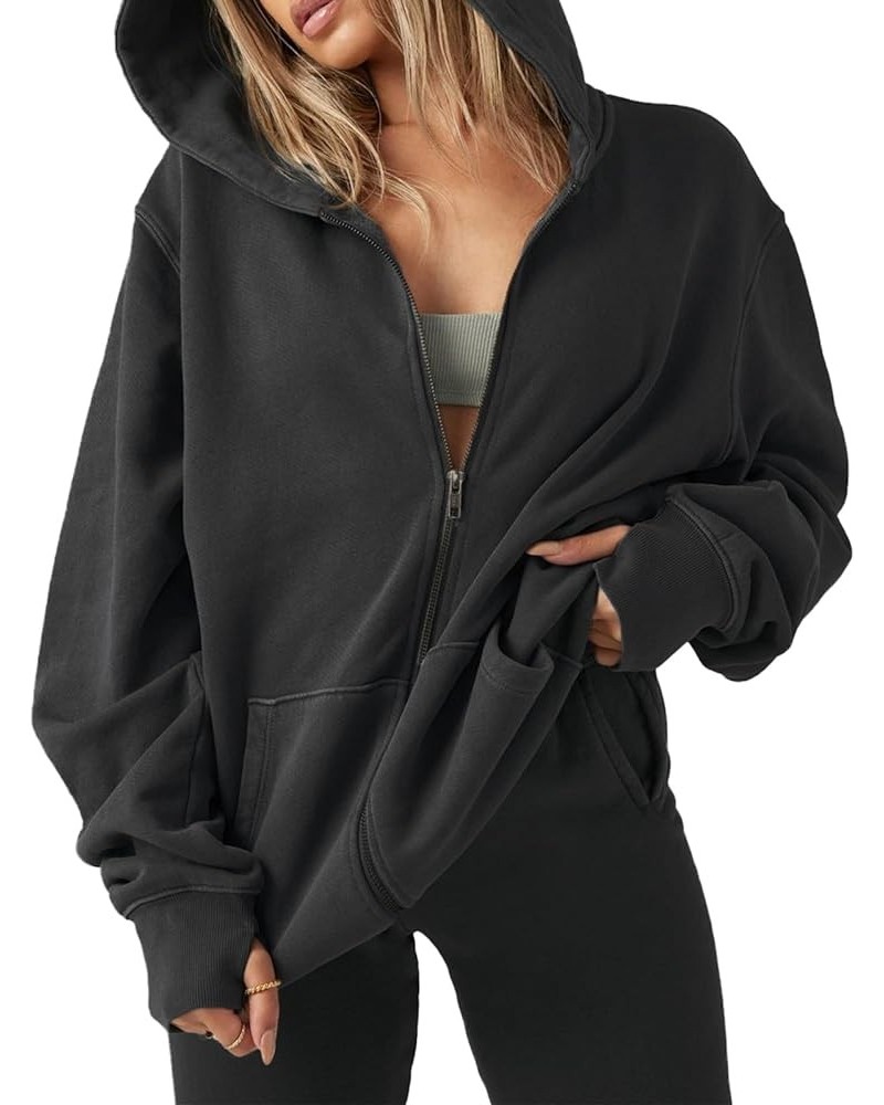 Women’s Oversized Zip Up Hoodies Sweatshirts Y2k Long Sleeve Full Zipper Jackets Casual Preppy Coats Thumb Hole Black $22.12 ...