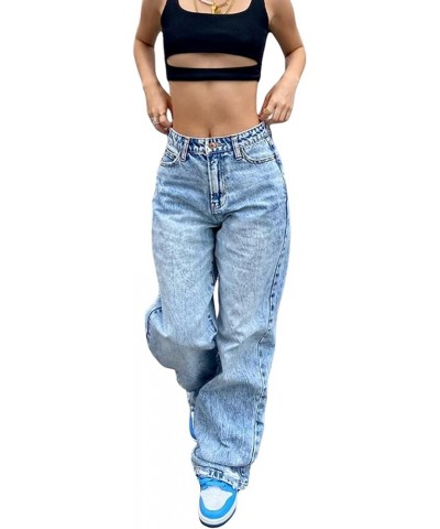 Women High Waist Baggy Denim Pants Wide Leg Straight Trousers Y2k Fashion Cargo Jeans Streetwear F-blue $15.05 Jeans