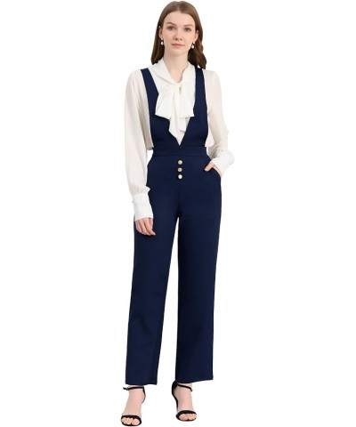 Women's Overalls Wide Leg Pants Slant Pocket Long Suspenders Jumpsuit Dark Blue $18.87 Overalls