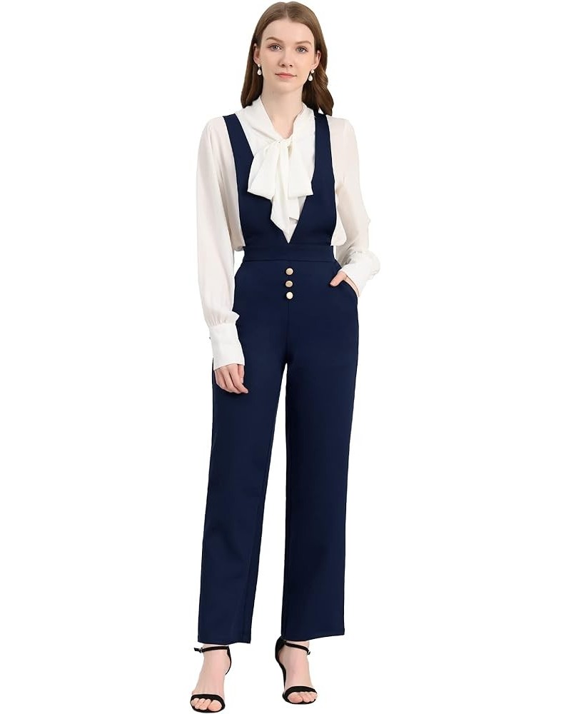 Women's Overalls Wide Leg Pants Slant Pocket Long Suspenders Jumpsuit Dark Blue $18.87 Overalls