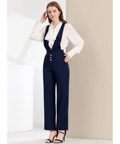 Women's Overalls Wide Leg Pants Slant Pocket Long Suspenders Jumpsuit Dark Blue $18.87 Overalls