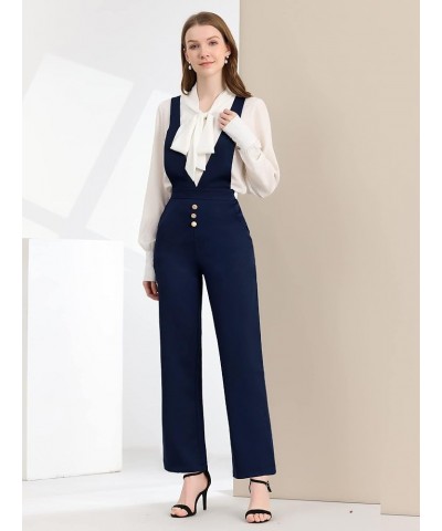 Women's Overalls Wide Leg Pants Slant Pocket Long Suspenders Jumpsuit Dark Blue $18.87 Overalls