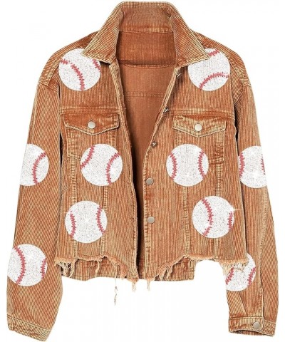 Womens Sequin Baseball Patches Corduroy Jacket Cropped Raw Hem Washed Shacket Jacket Brown $35.39 Jackets