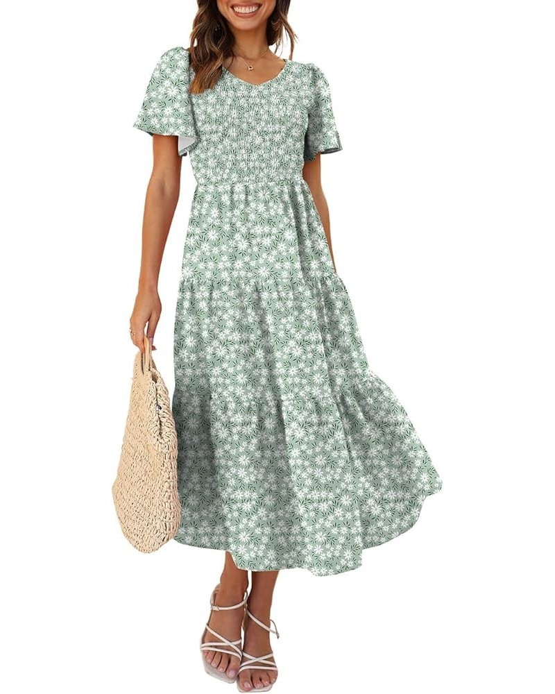 Women's 2024 Summer Casual Flutter Short Sleeve V Neck Smocked Elastic Waist Tiered Midi Dress 09-green Daisy $21.14 Dresses