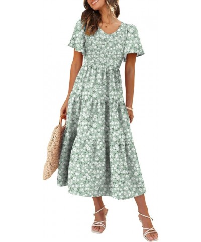 Women's 2024 Summer Casual Flutter Short Sleeve V Neck Smocked Elastic Waist Tiered Midi Dress 09-green Daisy $21.14 Dresses